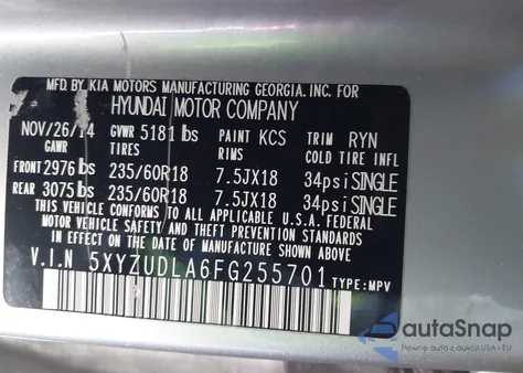 2015 Hyundai Santa Fe Sport 2.0L Turbo from USA, damaged, VIN 5XYZUDLA6FG255701